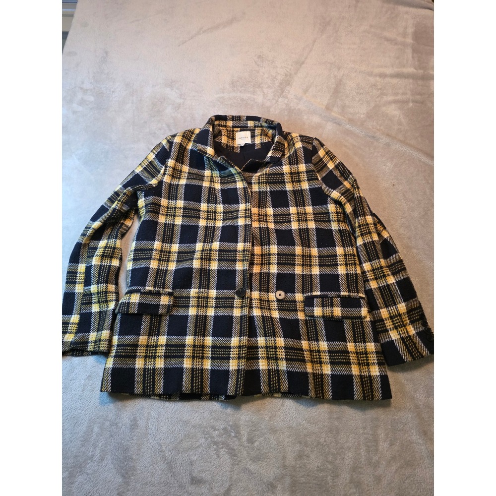 Gilli Blazer Jacket Women Size Medium Black Yellow Plaid Long Sleeve Pocket
